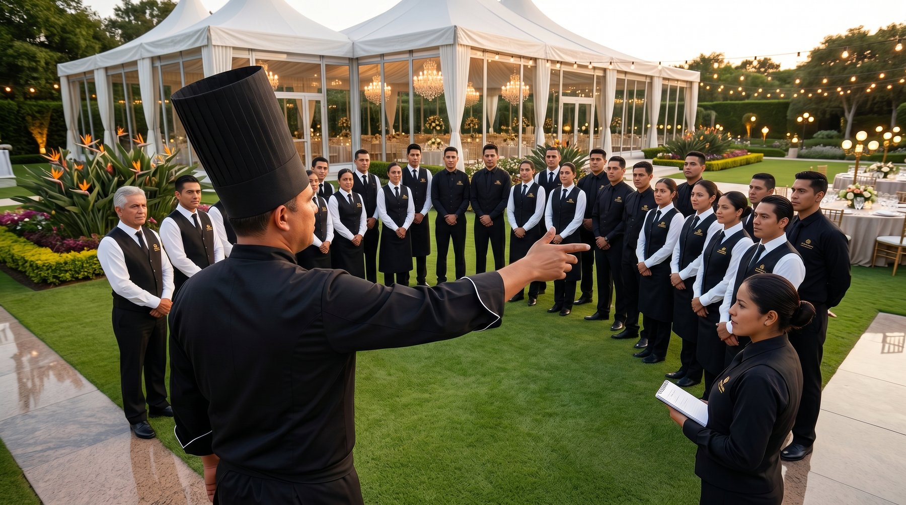 Chef Jaime dirigiendo al equipo de meseros antes del evento